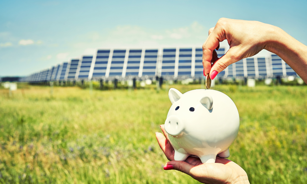 Photo shows a background of multiple solar panels and a person holding a piggy bank with one hand and the other hand putting a coin into the piggy bank symbolizing saving $ with solar
