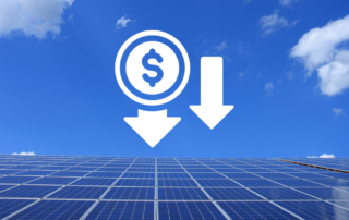 Photo showing arrows portraying saving money with solar sky in background and solar panels under the arrows