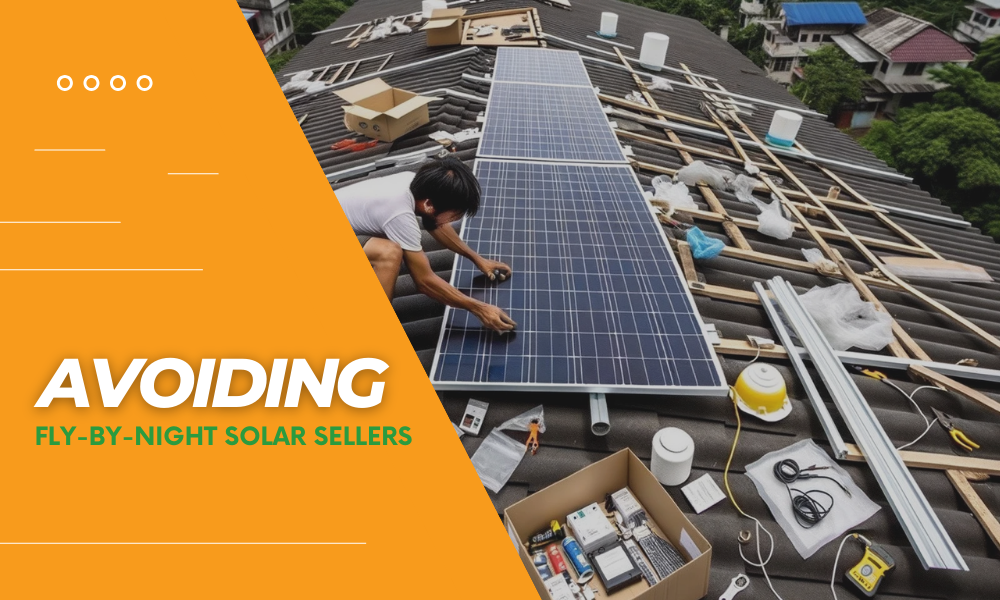 Avoiding fly by night solar sellers. An installer is working on solar panels on rooftop.