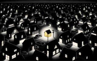 House in the middle that is extra brightly lit surrounded by other houses with lights on at night