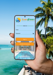 Evergreen Solar Solutions mobile app login screen with tropical beach background, showcasing the user-friendly interface for solar energy management.