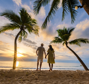 A couple is holding hands while catching the sunset on the beach, with palm trees in the background.