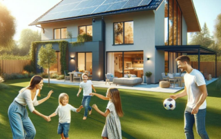 photo of a family playing soccer in front of their home with solar panels installed on roof