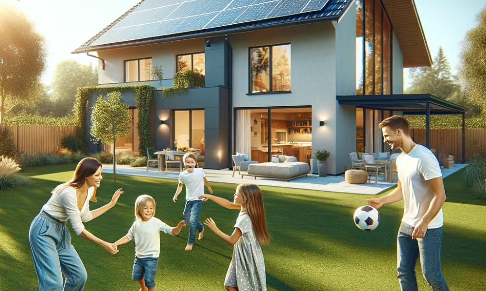 photo of a family playing soccer in front of their home with solar panels installed on roof
