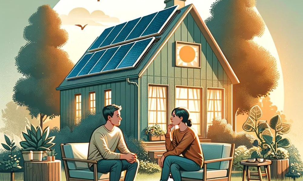 Animated photo shows 2 people sitting in front of a house with solar arrays installed on an angled roof