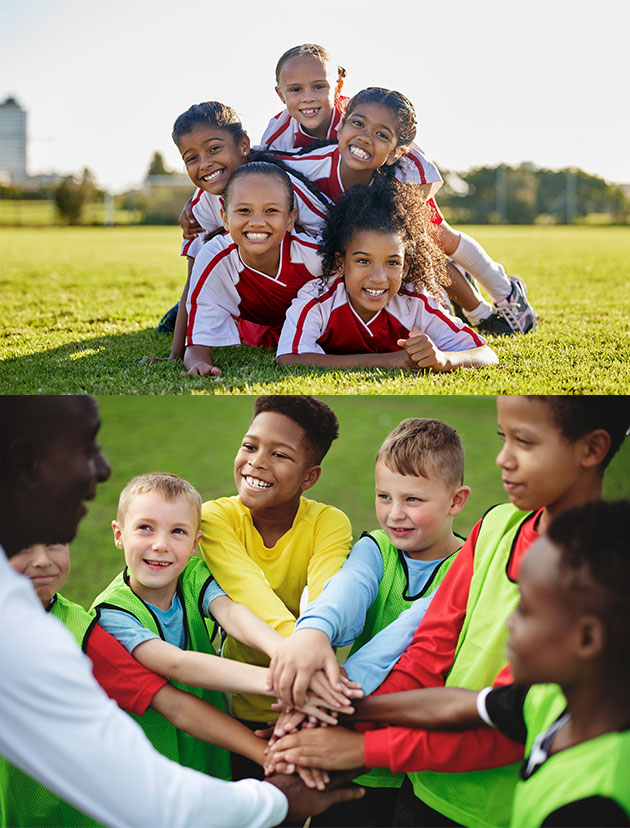 Soccer training and children on sports field for football game, exercise or cardio together.