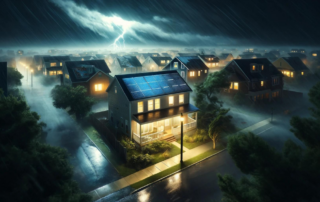 During a storm, a house with lights on has solar battery backup.