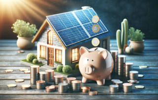 Save money with solar energy this summer. Piggy bank with solar panels symbolizes cost-effective energy solutions.