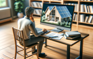 Man researching solar companies online with a computer, learning about Evergreen Solar Solutions.