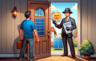 Man being approached by a shady solar seller at the door, highlighting the importance of protecting against solar scams.