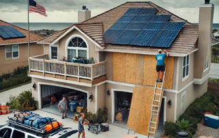 Coastal Florida neighborhood preparing for hurricane season, with a family boarding up windows, securing outdoor furniture, and packing emergency supplies into a car. A solar panel system is visible on the roof of one house, with a technician inspecting it. The sky is overcast, indicating an approaching storm.